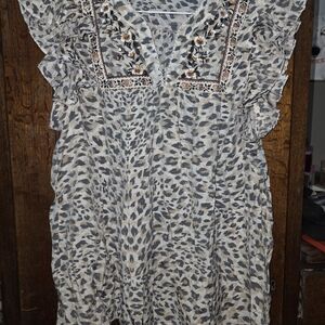 Amuse Society Beige, Gray and Brown Embroidered Leopard Boho Blouse